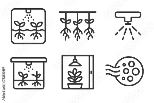 Hydroponics Line Style Icons. Line style icons of hydroponics: aeroponics system, suspended roots icon, mist spray nozzle, root