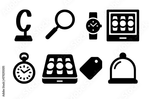 Timepiece Icon Set. Solid style icons of Timepiece Collector: Display Stand, Magnifier, Pocket Watch, Wristwatch, Storage Drawer,