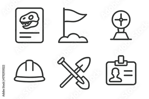 Paleontology Icons Set. Line style icons of paleontology: digging permit, site boundary flag, survey marker, safety helmet,