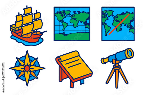 Nautical Navigation Icons. Isometric vector illustration set Mercator Projection: Ship, World Map, Rhumb Line, Compass Rose,