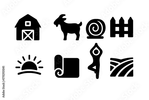 Farm Yoga Icons. Solid style icons of Farm Yoga: Barn, Goat, Hay Bale, Fence, Sunrise, Mat, Pose, Field, No text, No labels,