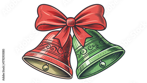 Festive red bow adorning charming vintage Christmas bells in vibrant holiday hues, perfect for seasonal celebrations and joyful decor