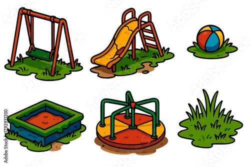 Forgotten Playground Icons. Isometric vector illustration set Forgotten Playground: Rusty Swing, Broken Slide, Overgrown Grass,