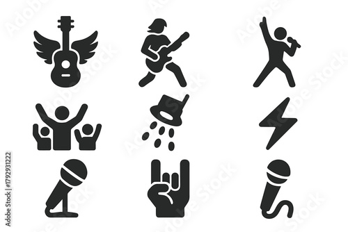 Air Music Icons. Solid style icons of Air Music: Invisible Strings, Air Guitarist, Stage Pose, Crowd, Spotlight, Energy,