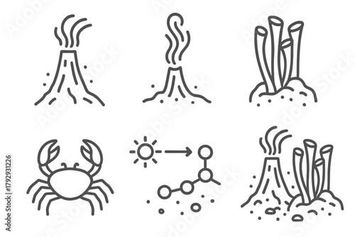 Marine Biology Icons. Line style icons of marine biology: deep sea vent, hydrothermal plume, tube worm colony, deep-sea crab,
