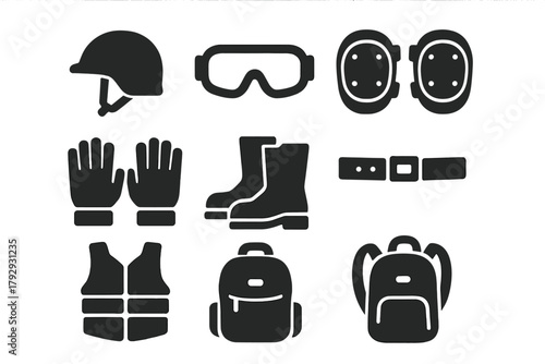 Protective Gear Icons. Solid style icons of Protective Gear: Helmet, Goggles, Pads, Gloves, Boots, Belt, Vest, Backpack, No text,