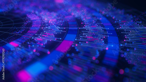 Closeup of Big Data complex round graph background. Quantum computing universe. Cyber space of AI technology. Futuristic graph. Digital qubit information presentation.