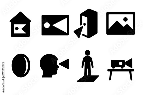 Projection Device Icons. Solid style icons of Projection Device: Camera Obscura, Pinhole, Dark Room, Projected Scene, Lens, Viewer