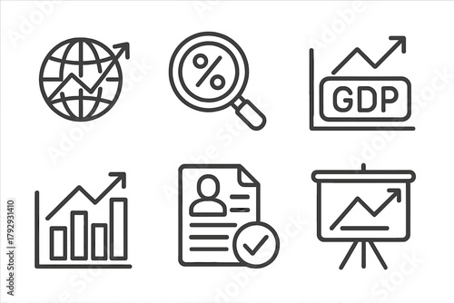 Hedge Fund Icons Collection. Line style icons of hedge funds: macro indicators icon, inflation watch, GDP tracking symbol,