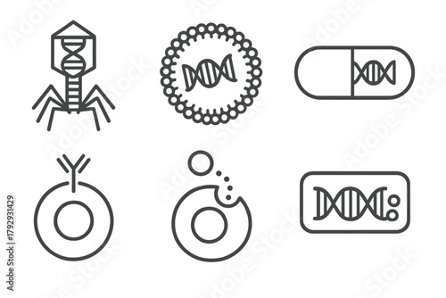 Genetic Engineering Icons. Line style icons of genetic engineering: virus vector delivery, lipid nanoparticle, gene delivery