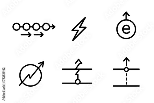 Artificial Photosynthesis Icons. Line style icons of artificial photosynthesis: electron transfer chain, charge movement arrow,