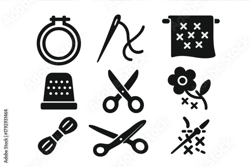 Embroidery Icons Collection. Solid style icons of embroidery: hoop, needle, thread, patterned cloth, thimble, scissors, stitched