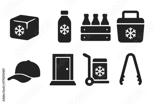 Cold Storage Icons. Solid style icons of Cold Storage Delivery: Ice Block, Bottle, Crate, Insulated Box, Cap, Doorstep, Cart,