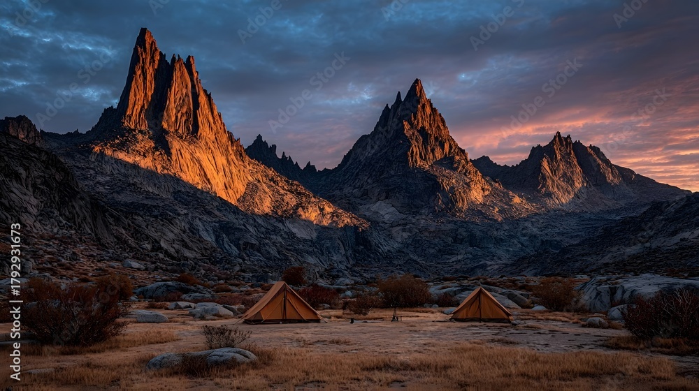 Naklejka premium Tents are set up in a mountainous area at sunset.