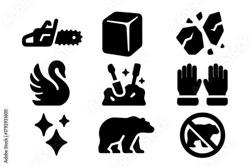 Ice Carving Icons. Solid style icons of Ice Carving: Chainsaw, Ice Block, Flying Chips, Sculpted Swan, Frozen Tools, Polar Gloves,