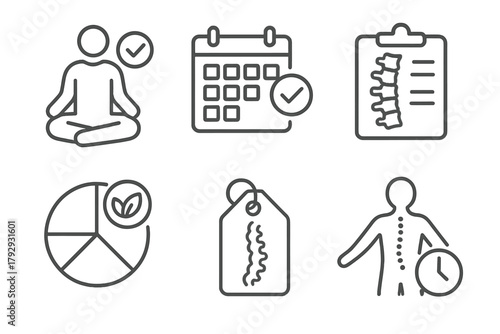 Chiropractic Line Icons. Line style icons of chiropractic care: wellness and maintenance, regular visit calendar, spine