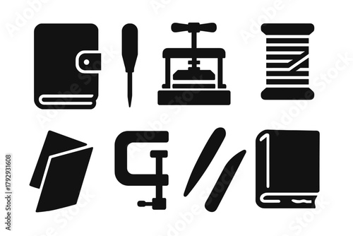 Bookbinding Tools Icons. Solid style icons of Bookbinding: leather cover, stitching awl, press board, thread spool, folded folio,