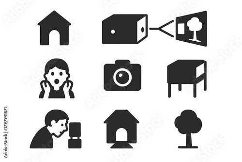 Vintage Camera Obscura Icons. Solid style icons of Vintage Camera Obscura: Dark Room, Pinhole, Projected Image, Wonder, Lens,