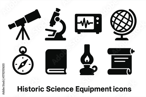 Historic Science Icons. Solid style icons of Historic Science Equipment: Telescope, Microscope, Seismograph, Globe, Compass, Book,