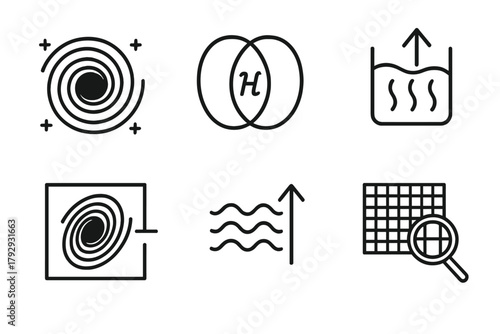 Black Hole Line Icons. Line style icons of black holes: black hole entropy, microscopic state symbol, thermodynamics icon, area