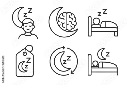 Mental Health Icons. Line style icons of mental health: sleep and mental health, moon with brain icon, peaceful sleep symbol,