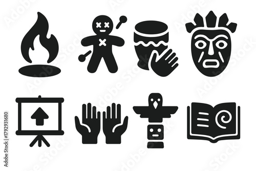 Ancient Ritual Icons. Solid style icons of Ancient Shadow Ritual: Sacred Flame, Tribal Puppet, Drum Beat, Ritual Mask, Projection