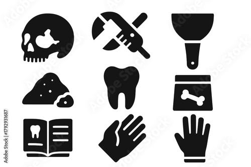 Forensic Archaeology Icons. Solid style icons of Forensic Archaeology: Skull Fragment, Measuring Caliper, Brush Tool, Soil Sample,