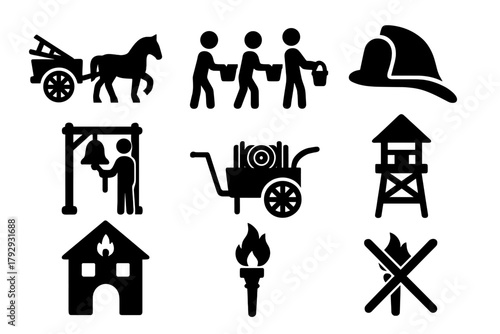 Historic Fire Icons. Solid style icons of Historic Fire Response: Horse-Drawn Wagon, Bucket Brigade, Fire Helm, Bell Ringer, Hose