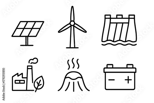 Renewable Energy Icons. Line style icons of renewable energy: solar panel, wind turbine, hydroelectric dam, biomass plant,