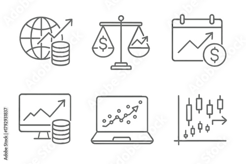 Hedge Fund Icons. Line style icons of hedge funds: global macro icon, relative value strategy, event-driven trading, equity hedge