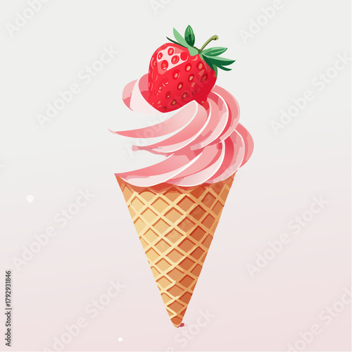 Delicious Strawberry Ice Cream Cone with Fresh Berry Topping