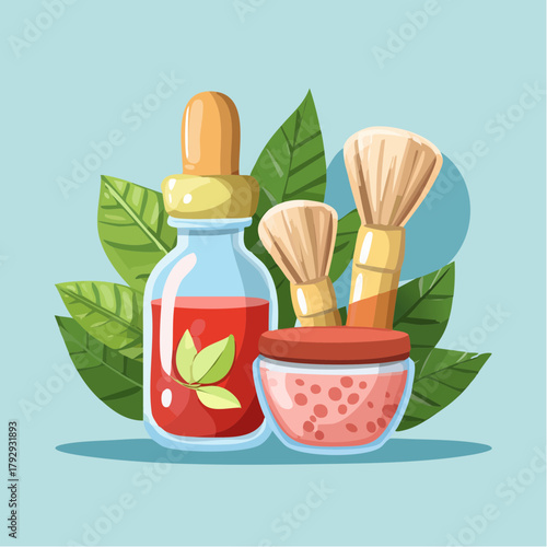 Beauty products Vector illustration of skincare routine with essential oils, brushes, and makeup