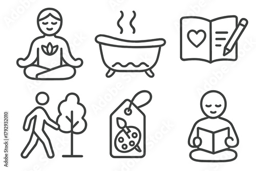 Holistic Healing Icons. Line style icons of holistic healing: holistic self-care, warm bath icon, journaling heart symbol, nature