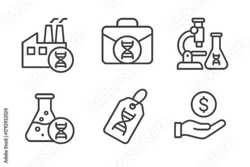 Cloning Tech Icons. Line style icons of cloning technology: cloning industry, biotech company logo, lab startup icon, private lab