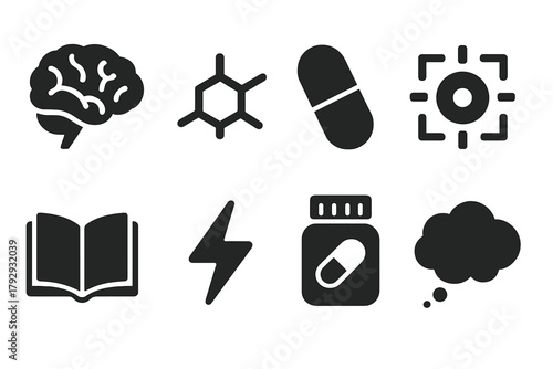 Nootropics Solid Icons. Solid style icons of Nootropics: Brain, Chemical Structure, Pill, Focus, Open Book, Lightning Bolt,