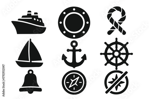 Nautical Travel Icons. Solid style icons of Nautical Travel: Ship, Porthole, Rope, Sail, Anchor, Wheel, Bell, Compass, No text, No