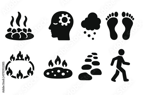Firewalk Icons. Solid style icons of Firewalking: hot coals, focused mind, ash, bare feet, ritual circle, glowing embers, walking