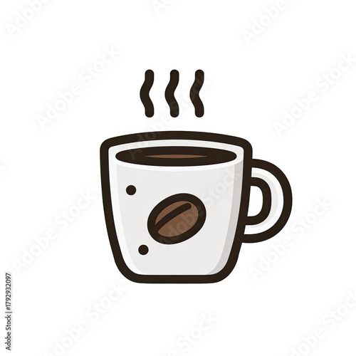 Steaming hot coffee in a white mug with bean emblem