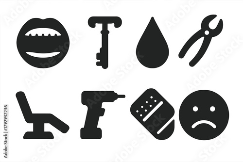 Dental Procedure Icons. Solid style icons of Painful Procedures: Open Mouth, Tooth Key, Blood, Pliers, Chair, Drill, Bandage,