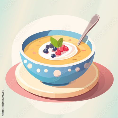 A delightful illustration of a creamy breakfast bowl topped with fresh berries and a sprig of mint, perfect for a healthy start