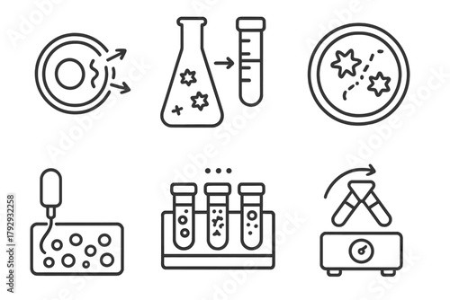 Microbiology Line Icons. Line style icons of microbiology: cell lysis icon, protein extraction, enzyme digestion, bacterial lysate