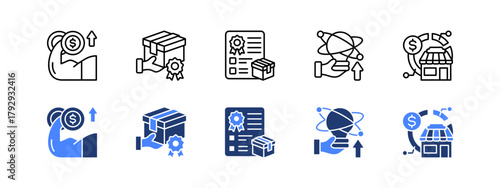 Financial strength, Brand loyalty, Product quality, Innovation, Market share with two styles, line and duotone icon.