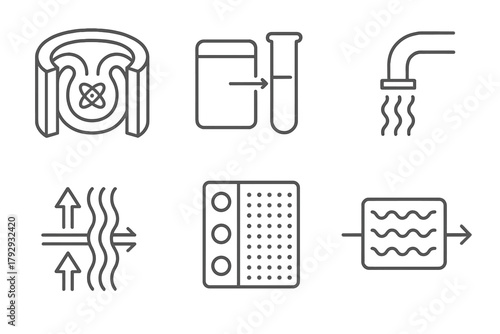 Nuclear Fusion Icons. Line style icons of nuclear fusion: reactor shielding wall, tritium recycling unit, gas exhaust port,