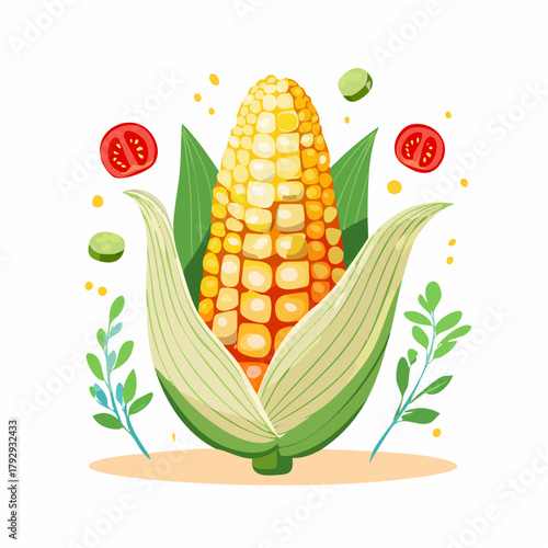 Vibrant and Wholesome Sweet Corn Cob Illustration with Fresh Green Husks and Delicious Vegetable Accents, Symbolizing Healthy Eating and Summer Harvest