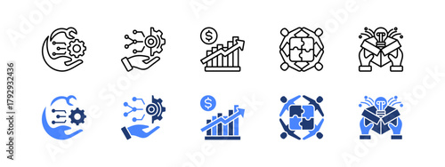 Technological advancement, Digital transformation, Market growth, Partnerships, Product innovation with two styles, line and duotone icon.