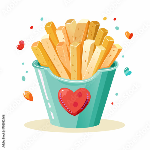 A heartwarming digital illustration of golden french fries nestled in a charming teal cup adorned with a vibrant red heart, surrounded by whimsical floating hearts, capturing joy and deliciousness