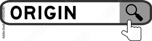 Search banner in word origin with hand over magnifier icon on white background