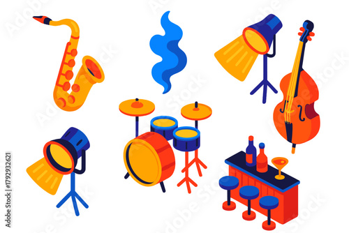 Jazz Club Icons. Isometric vector illustration set Jazz Club: Saxophone, Drum Set, Smoke, Spotlight, Upright Bass, Bar Counter. No