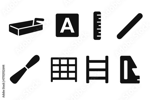 Typesetting Tools Icons. Solid style icons of Typesetting Tools: Composing Stick, Letter Block, Metal Ruler, Spacing Lead, Ink