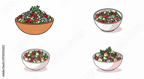 Salad bowls with fresh vegetables and herbs
